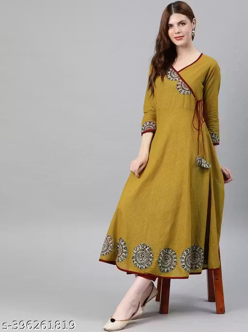 Women's Solid Surplice Yellow Kurtis