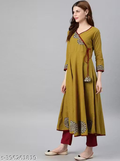 Women's Solid Surplice Yellow Kurtis